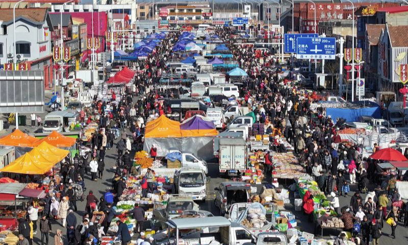 An aerial drone photo taken on Jan. 7, 2025 shows people visiting an open-air market in Ninghe District of north China's Tianjin Municipality. With a history of about 350 years, the market is one of the biggest countryside markets in Tianjin. (Xinhua/Sun Fanyue)