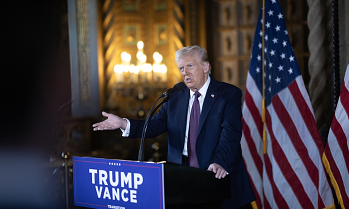 US President-elect Donald Trump speaks to members of the media during a press conference at the Mar-a-Lago Club on January 07, 2025 in Palm Beach, Florida. Photo: VCG