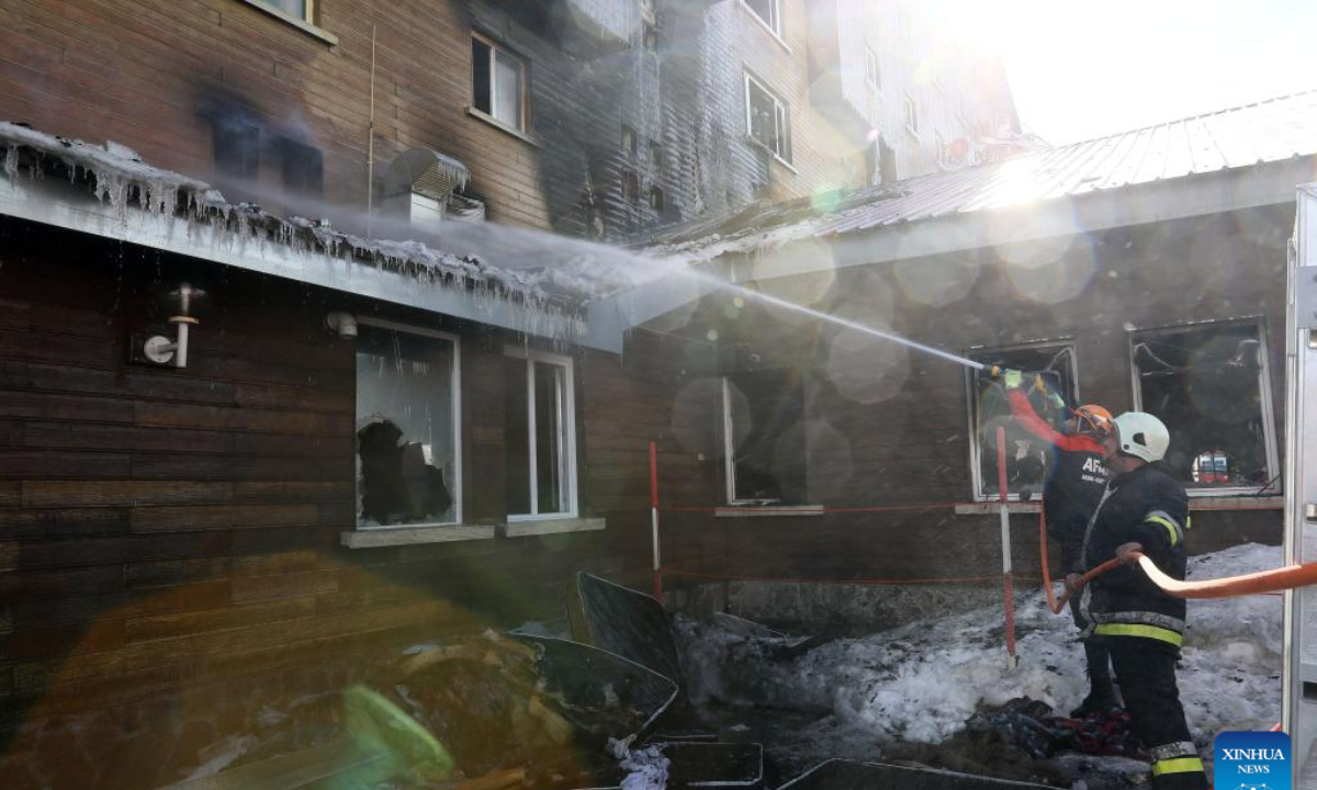 Firefighters are seen in action at a fire site in Kartalkaya Ski Resort in Bolu, Türkiye, Jan. 21, 2025. The death toll from the devastating fire at Türkiye's Kartalkaya ski resort in northwestern Bolu province has risen to 76, and nine people have been detained in connection with the incident, Interior Minister Ali Yerlikaya said on Tuesday. (Mustafa Kaya/Handout via Xinhua)