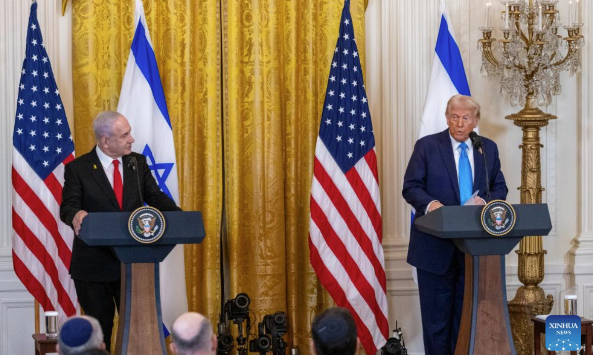 US President Donald Trump (R) and Israeli Prime Minister Benjamin Netanyahu hold a joint press conference at the White House in Washington D.C., the United States, Feb. 4, 2025. Trump met with Netanyahu here on Tuesday. (Xinhua/Hu Yousong)