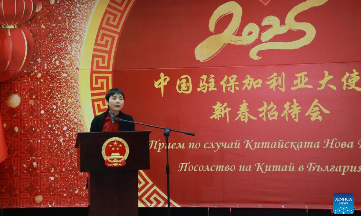 Chinese Ambassador to Bulgaria Dai Qingli speaks during a Spring Festival reception in Sofia, Bulgaria, Jan. 22, 2025. (Photo by Marian Draganov/Xinhua)