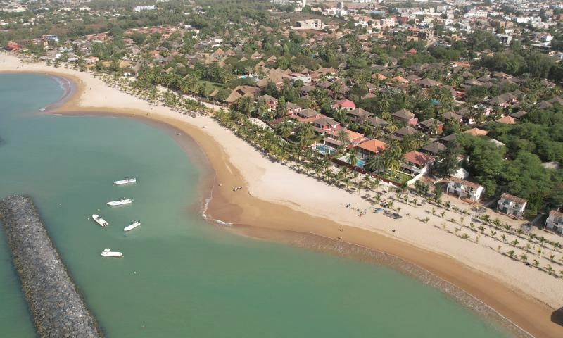 An aerial drone photo taken on Jan. 12, 2025 shows a view of Saly seaside resort area, about 80 kilometers south of Dakar, Senegal. Saly is a popular seaside resort area in Senegal which is known for its golden sandy beaches, warm climate, and a variety of water activities. (Xinhua/Si Yuan)