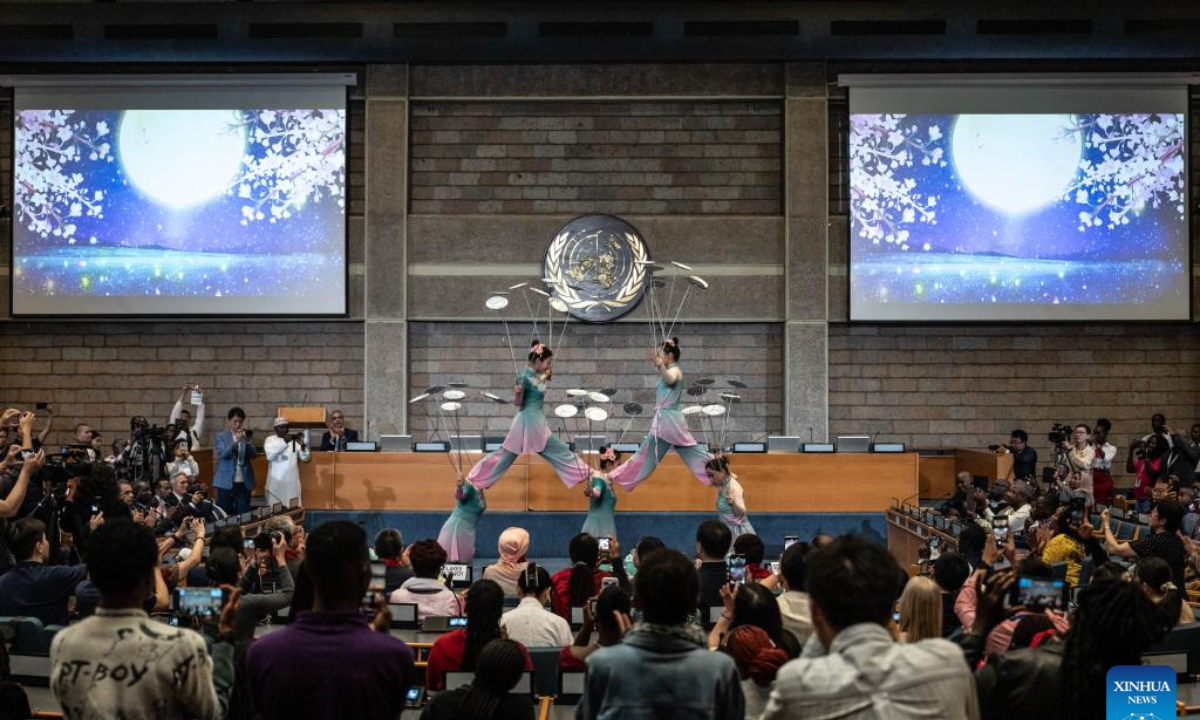 Acrobats perform during a Chinese cultural event at the United Nations Office at Nairobi (UNON) premises in Nairobi, Kenya, Jan. 22, 2025. (Xinhua/Wang Guansen)