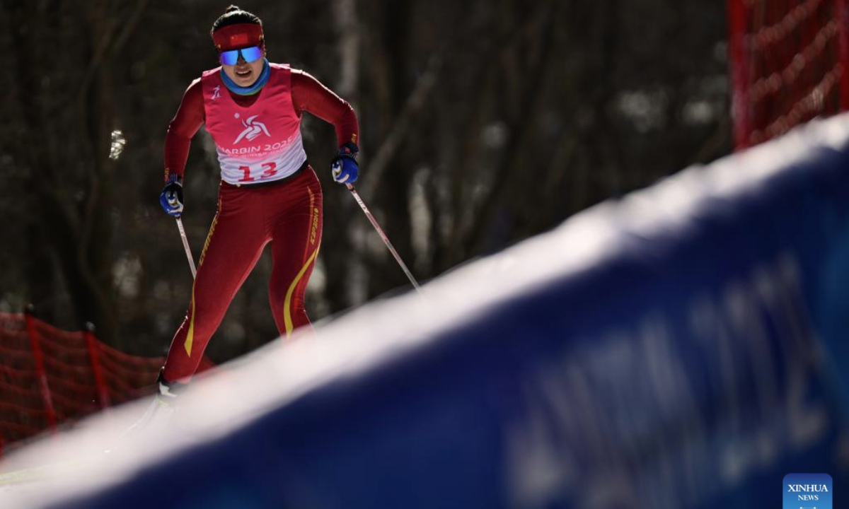 Dinigeer Yilamujiang of China competes during the Cross-Country Skiing women's 5km free match at the 9th Asian Winter Games in Yabuli, northeast China's Heilongjiang Province, Feb. 9, 2025. (Xinhua/Zhang Long)