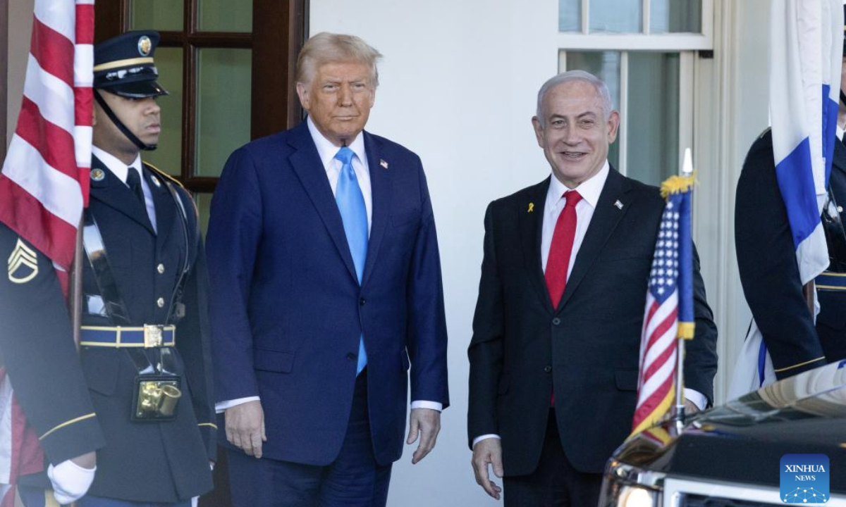 US President Donald Trump welcomes Israeli Prime Minister Benjamin Netanyahu at the the White House in Washington D.C., the United States, Feb. 4, 2025. Trump met with Netanyahu here on Tuesday. (Xinhua/Hu Yousong)