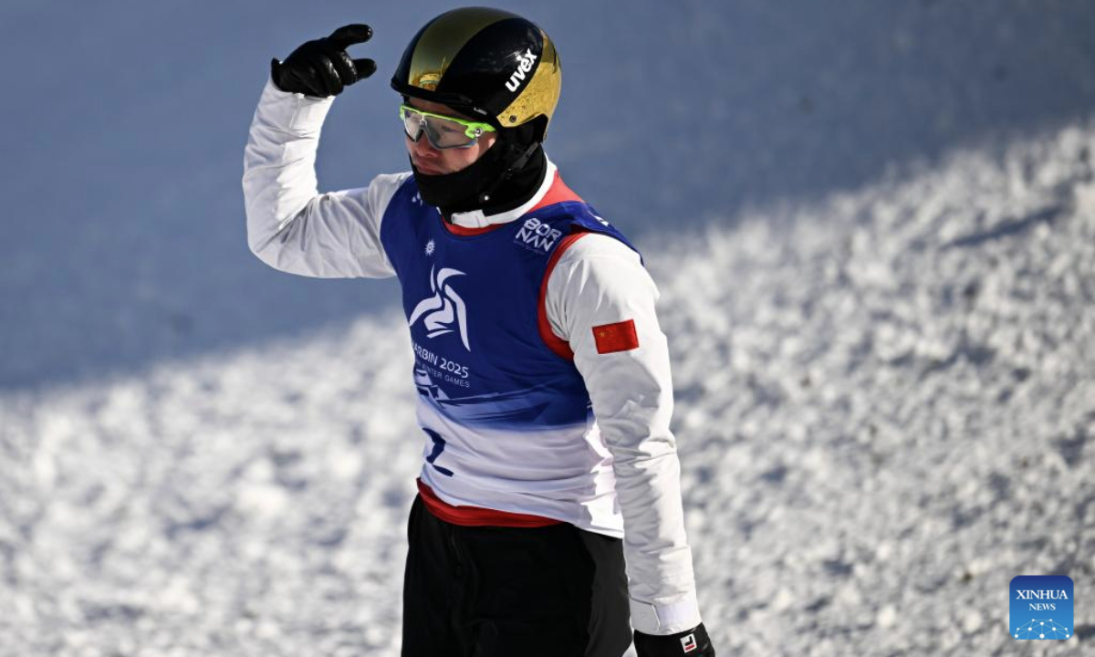 Qi Guangpu of China reacts during the Freestyle Skiing men's aerials final match at the 9th Asian Winter Games in Yabuli, northeast China's Heilongjiang Province, Feb. 9, 2025. (Xinhua/Xia Yifang)