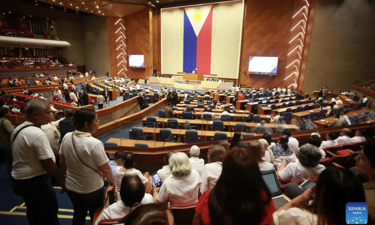 Lawmakers convene during the impeachment proceedings against Vice President Sara Duterte at the House of Representatives in Quezon City, the Philippines, on Feb. 5, 2025. Philippine Vice President Sara Duterte will face trial in the Senate after she was impeached by the House of Representatives on Wednesday.

House Secretary General Reginald Velasco was ordered to transmit the impeachment complaint to the Senate after the House secured 215 signatures, more than the required one-third of the House membership to impeach Duterte, advancing the process to the Senate for trial. (Xinhua)