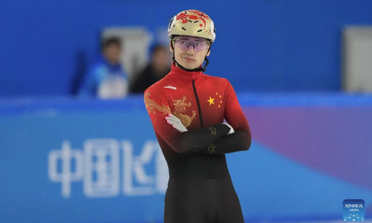 Liu Shaoang of China reacts before the men's 1000m final match of the short track speed skating event at the 9th Asian Winter Games in Harbin, northeast China's Heilongjiang Province, Feb. 9, 2025. (Xinhua/Yan Linyun)