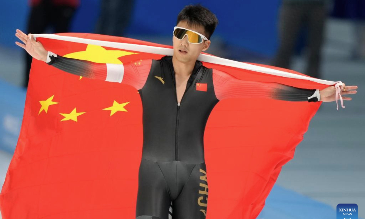 Gao Tingyu of China celebrates after the men's 500m final match of the speed skating event at the 9th Asian Winter Games in Harbin, northeast China's Heilongjiang Province, Feb. 10, 2025. (Xinhua/Wang Jianwei)