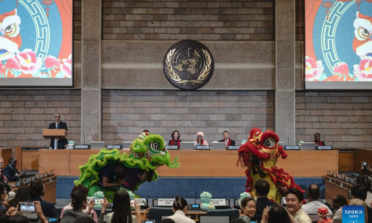 Lion dancers perform during a Chinese cultural event at the United Nations Office at Nairobi (UNON) premises in Nairobi, Kenya, Jan. 22, 2025. (Xinhua/Wang Guansen)