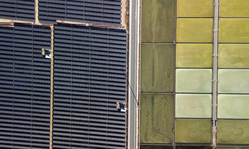 An aerial drone photo taken on Jan. 8, 2025 shows a salt-photovoltaic complementary power project and salt fields in Laizhou City, east China's Shandong Province. Recently, data from Shandong branch of State Grid shows that the installed capacity of wind and photovoltaic power in Shandong has exceeded 100 million kilowatts. (Xinhua/Xu Suhui)