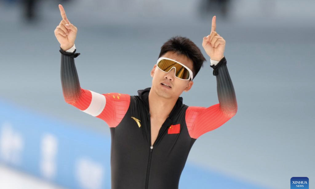 Gao Tingyu of China celebrates after the men's 500m final match of the speed skating event at the 9th Asian Winter Games in Harbin, northeast China's Heilongjiang Province, Feb. 10, 2025. (Xinhua/Wang Jianwei)