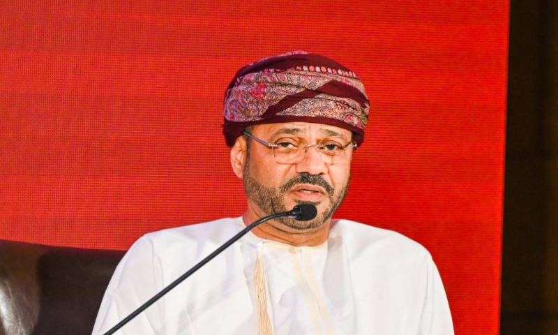 Omani Foreign Minister Sayyid Badr bin Hamad bin Hamood Albusaidi delivers a speech during a media meeting in Muscat, Oman, Jan. 8, 2025.(Xinhua/Liu Lei)