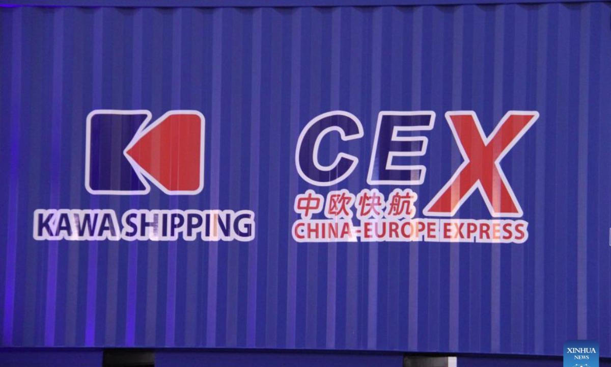 Photo taken on Jan. 24, 2025 shows a container printed with the China-Europe Express in Wilhelmshaven, Germany. The first container ship of the China-Europe Express, the fastest direct route connecting Europe and China's Yangtze River Delta region, arrived at its destination at the Jade Weser Port in Wilhelmshaven on Friday. The KAWA Ningbo cargo ship, carrying over 1700 containers of new-energy and other high-value goods, completed its non-stop voyage in 26 days, well below the shipment time of 45 days in the past. (Xinhua/Shan Weiyi)