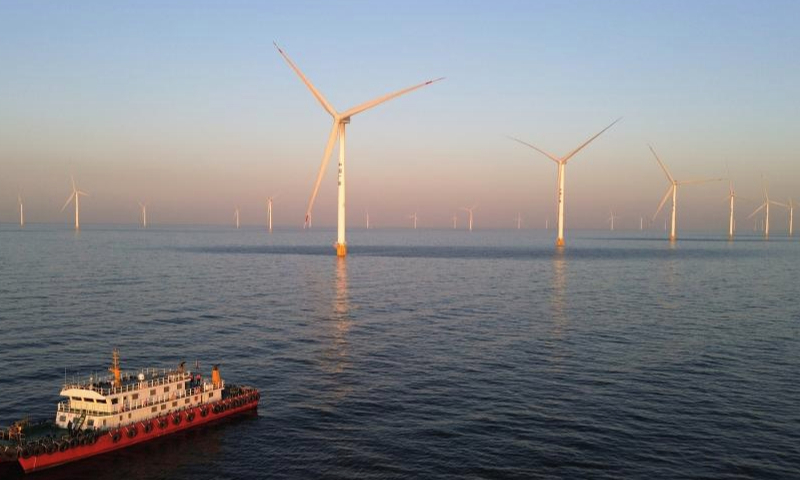 An aerial drone photo taken on Jan. 7, 2025 shows an offshore wind farm in the waters of Laizhou City, east China's Shandong Province. Recently, data from Shandong branch of State Grid shows that the installed capacity of wind and photovoltaic power in Shandong has exceeded 100 million kilowatts. (Xinhua/Xu Suhui)