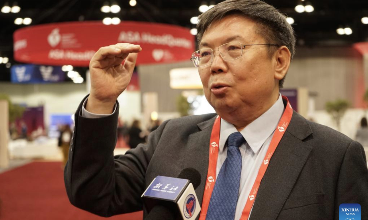 Chinese clinical scientist Wang Yongjun gives an interview to Xinhua on the sidelines of the 2025 International Stroke Conference (ISC) held in Los Angeles, the United States, Feb. 5, 2025. Wang has been granted the William M. Feinberg Award for Excellence in Clinical Stroke at the 2025 International Stroke Conference (ISC) held in Los Angeles on Wednesday. Wang, president of the Beijing Tiantan Hospital of the Capital Medical University, and president of the Chinese Stroke Association, is the first Asian scientist to receive this award, in recognition of his significant contributions to the investigation and management of clinical research in stroke. (Photo by Zeng Hui/Xinhua)