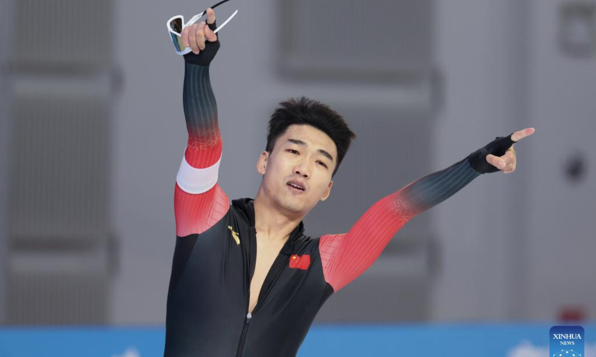 Gao Tingyu of China celebrates after the men's 500m final match of the speed skating event at the 9th Asian Winter Games in Harbin, northeast China's Heilongjiang Province, Feb. 10, 2025. (Xinhua/Lyu Shuai)