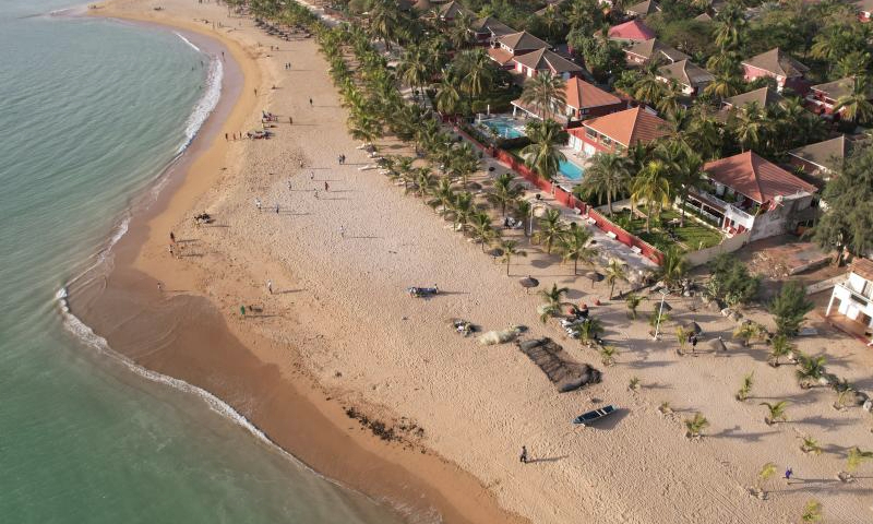 An aerial drone photo taken on Jan. 12, 2025 shows a view of Saly seaside resort area, about 80 kilometers south of Dakar, Senegal. Saly is a popular seaside resort area in Senegal which is known for its golden sandy beaches, warm climate, and a variety of water activities. (Xinhua/Si Yuan)