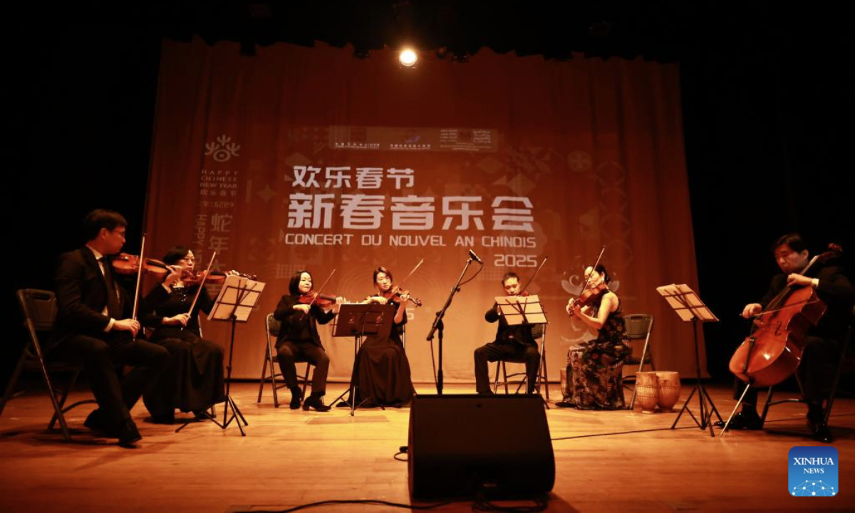 Chinese musicians perform during a concert to celebrate the upcoming Chinese Spring Festival in Rabat, Morocco, Jan. 15, 2025. (Xinhua/Huo Jing)