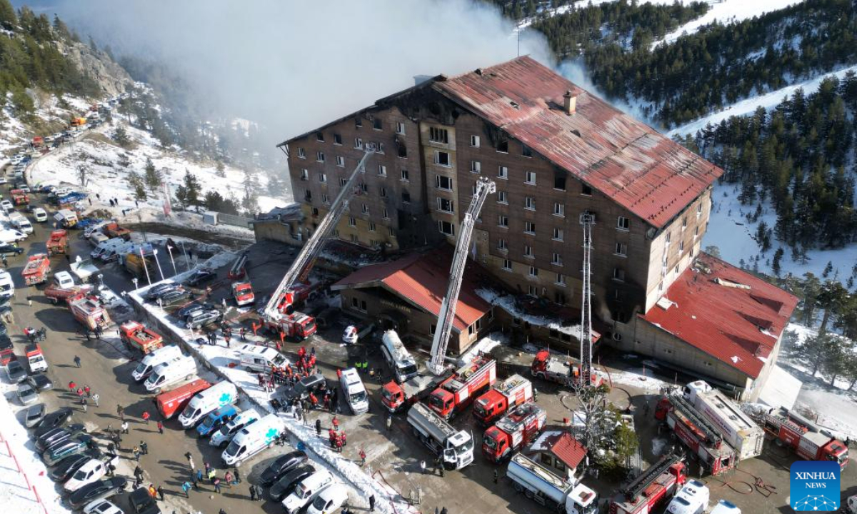 Firefighters are seen in action at a fire site in Kartalkaya Ski Resort in Bolu, Türkiye, Jan. 21, 2025. The death toll from the devastating fire at Türkiye's Kartalkaya ski resort in northwestern Bolu province has risen to 76, and nine people have been detained in connection with the incident, Interior Minister Ali Yerlikaya said on Tuesday. (Mustafa Kaya/Handout via Xinhua)