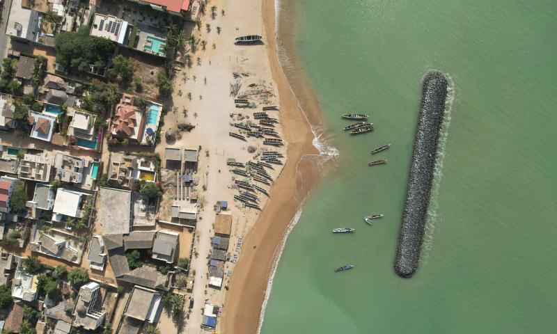 An aerial drone photo taken on Jan. 12, 2025 shows a view of Saly seaside resort area, about 80 kilometers south of Dakar, Senegal. Saly is a popular seaside resort area in Senegal which is known for its golden sandy beaches, warm climate, and a variety of water activities. (Xinhua/Si Yuan)