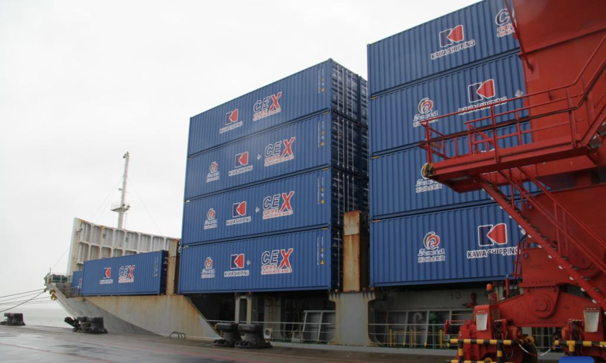 Photo taken on Jan. 24, 2025 shows containers on the KAWA Ningbo cargo ship of the China-Europe Express in Wilhelmshaven, Germany. The first container ship of the China-Europe Express, the fastest direct route connecting Europe and China's Yangtze River Delta region, arrived at its destination at the Jade Weser Port in Wilhelmshaven on Friday. The KAWA Ningbo cargo ship, carrying over 1700 containers of new-energy and other high-value goods, completed its non-stop voyage in 26 days, well below the shipment time of 45 days in the past. (Xinhua/Shan Weiyi)