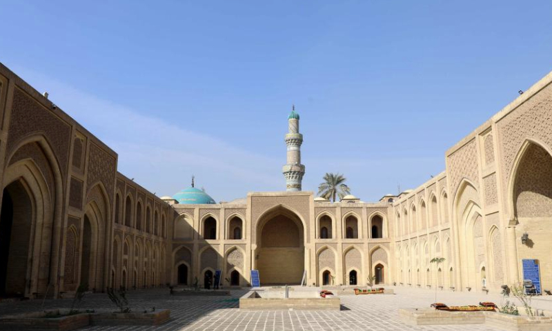 This photo taken on Jan. 15, 2025 shows the courtyard of Mustansiriya Madrasah in Baghdad, Iraq. The historical building established in 1227 was once a scholarly complex providing higher education. (Xinhua/Khalil Dawood)