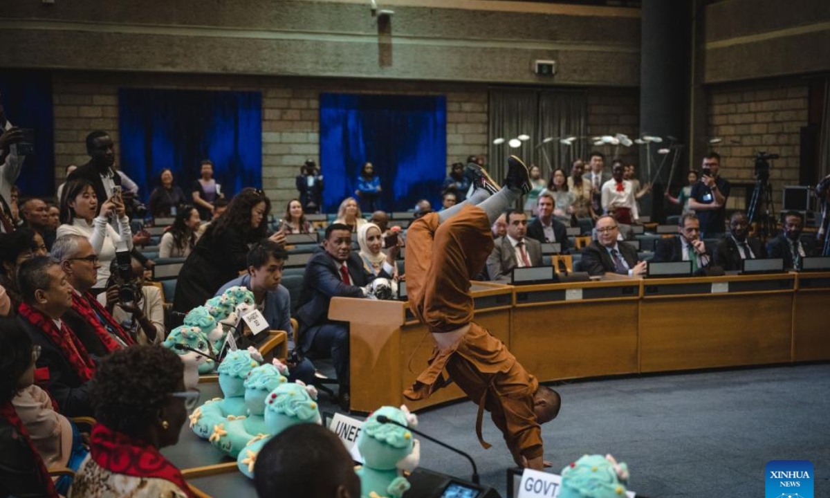 A Kungfu performer from the Shaolin Temple performs during a Chinese cultural event at the United Nations Office at Nairobi (UNON) premises in Nairobi, Kenya, Jan. 22, 2025. (Xinhua/Wang Guansen)