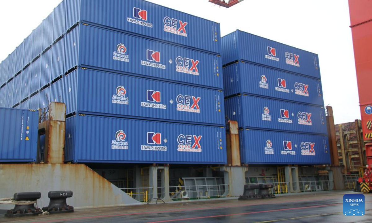 Photo taken on Jan. 24, 2025 shows containers on the KAWA Ningbo cargo ship of the China-Europe Express in Wilhelmshaven, Germany. The first container ship of the China-Europe Express, the fastest direct route connecting Europe and China's Yangtze River Delta region, arrived at its destination at the Jade Weser Port in Wilhelmshaven on Friday. The KAWA Ningbo cargo ship, carrying over 1700 containers of new-energy and other high-value goods, completed its non-stop voyage in 26 days, well below the shipment time of 45 days in the past. (Xinhua/Shan Weiyi)