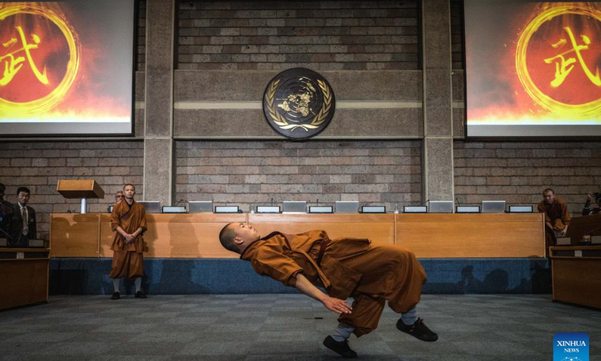 Kungfu performers from the Shaolin Temple perform during a Chinese cultural event at the United Nations Office at Nairobi (UNON) premises in Nairobi, Kenya, Jan. 22, 2025. (Xinhua/Wang Guansen)