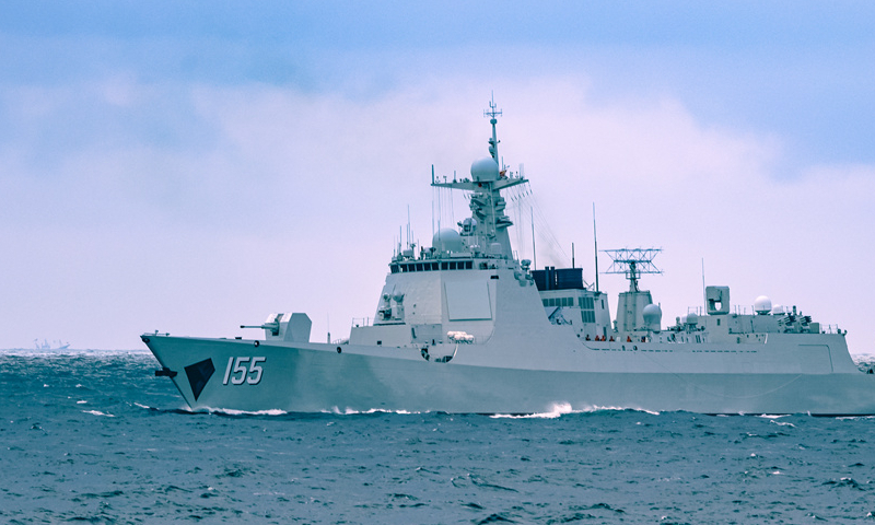 Type 052D guided-missile destroyer Nanjing (Hull 155) attached to a flotilla under the Chinese PLA Navy maneuvers to the designated training area on November 11, 2024.  (eng.chinamil.com.cn/Photo by Wei Chenping)