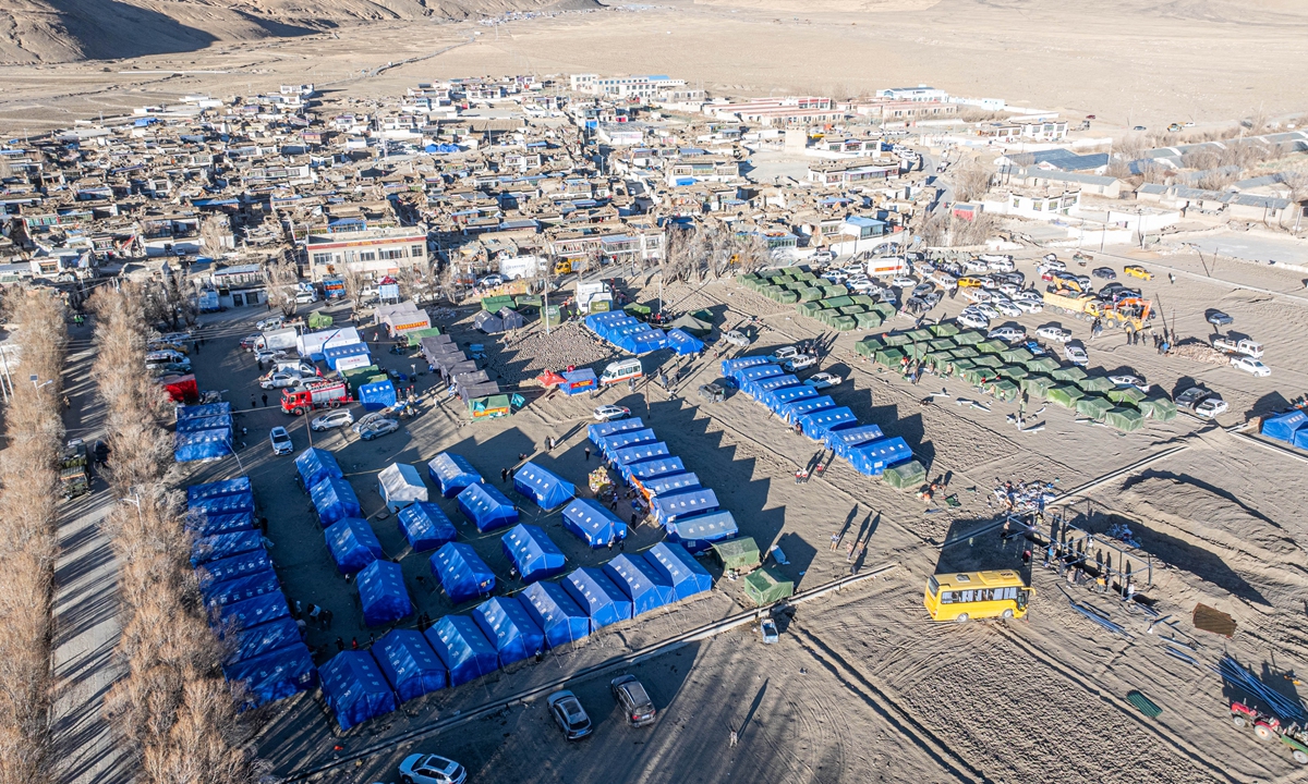 An aerial view shows the temporary resettlement area for residents in Sengga village in Dingri county, Southwest China's Xizang Autonomous Region, on January 8, 2025. Photo: VCG