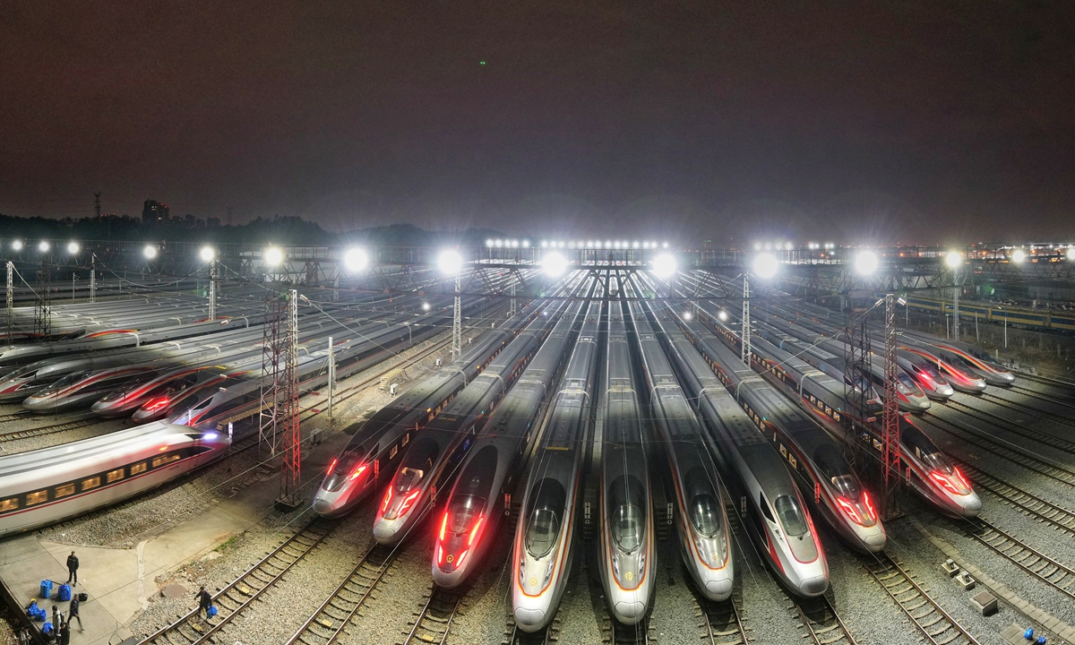 Bullet trains park on storage tracks in Changsha, Central China's Hunan Province, for inspection on January 14, 2025. Photo: VCG