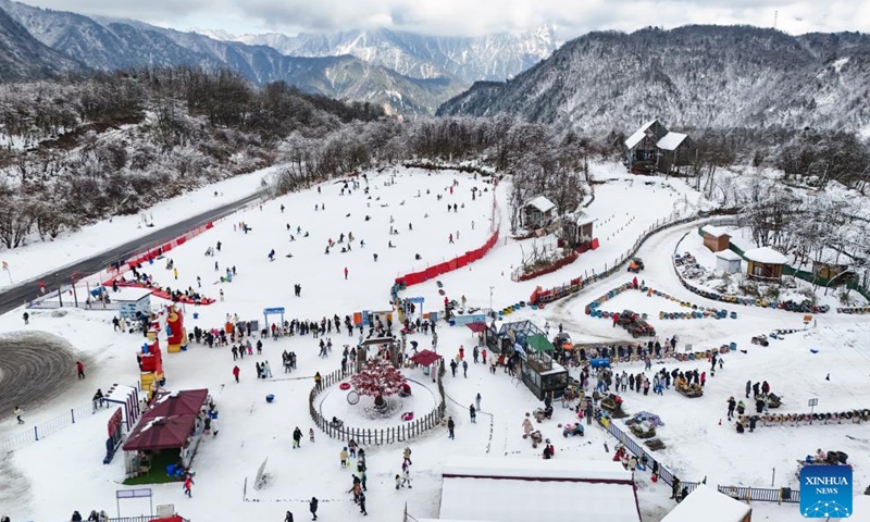 An aerial drone photo taken on Jan. 11, 2025 shows a view of Xiling Mountain snow resort in Dayi County, Chengdu, southwest China's Sichuan Province.