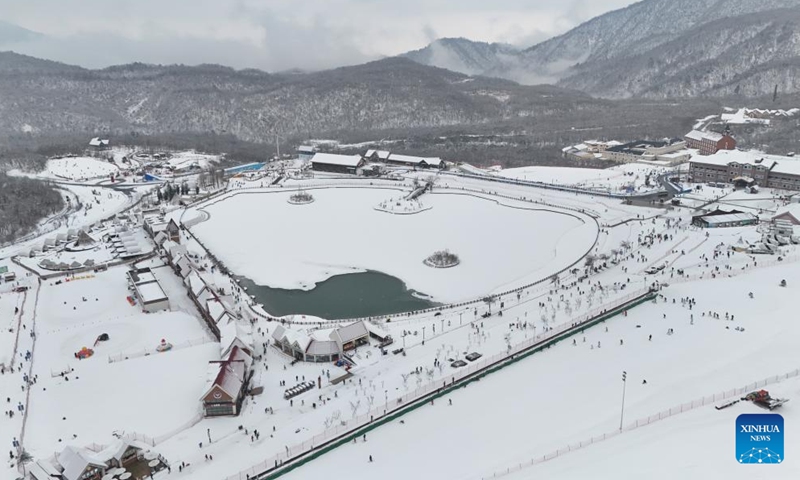 An aerial drone photo taken on Jan. 14, 2025 shows a view of Xiling Mountain snow resort in Dayi County, Chengdu, southwest China's Sichuan Province.