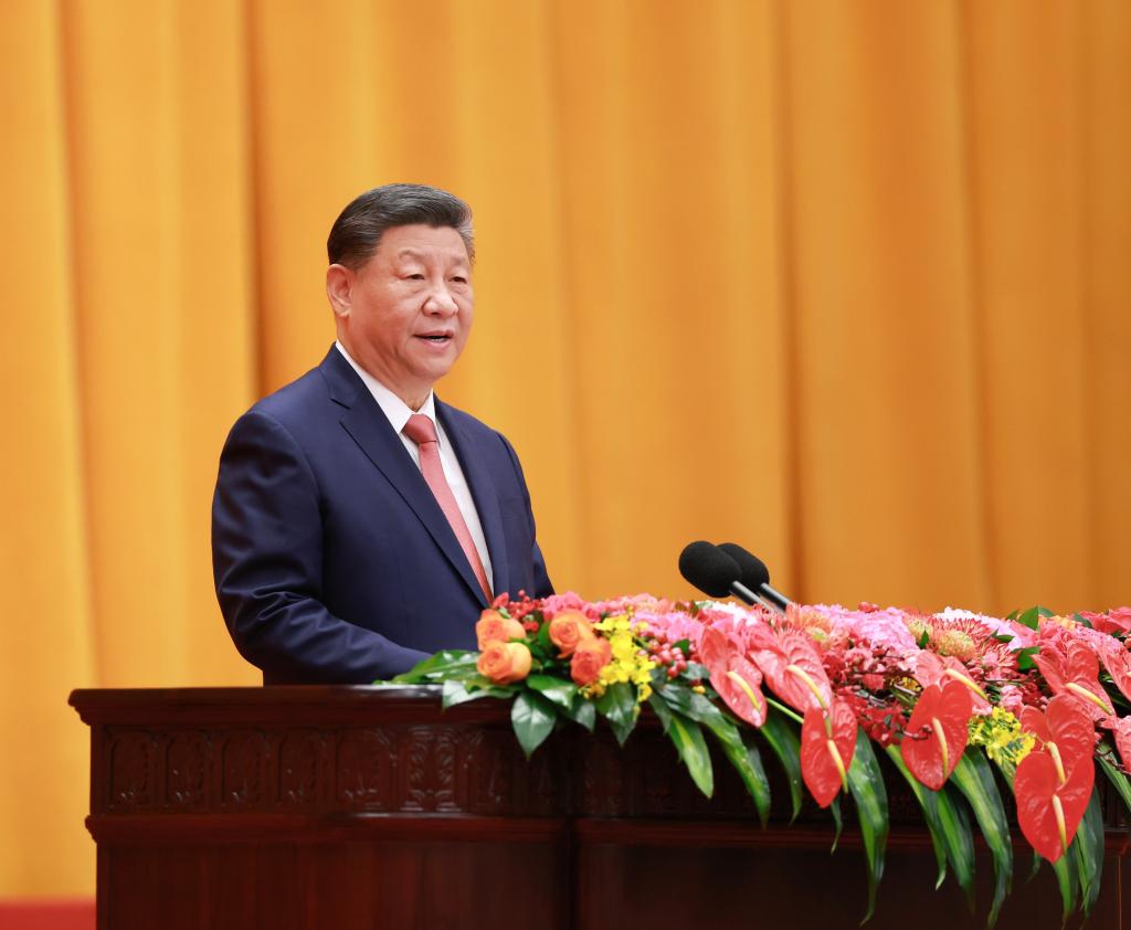 Chinese President Xi Jinping, also general secretary of the Communist Party of China (CPC) Central Committee and chairman of the Central Military Commission, delivers a speech at a high-level reception to ring in the Chinese New Year at the Great Hall of the People in Beijing, capital of China, Jan. 27, 2025. The CPC Central Committee and the State Council held the reception on Monday in Beijing. (Photo by Feng Yongbin/Xinhua)