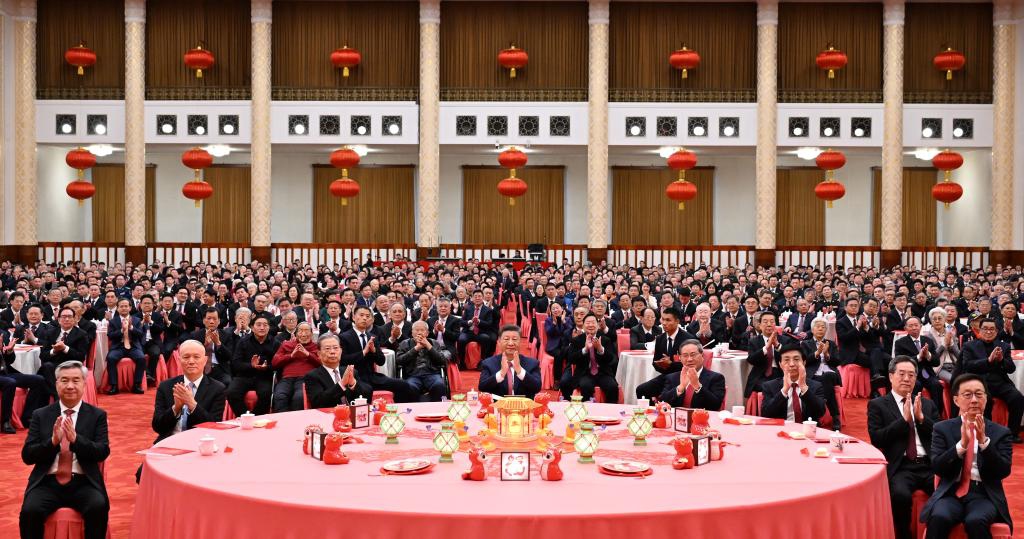 Party and state leaders Xi Jinping, Li Qiang, Zhao Leji, Wang Huning, Cai Qi, Ding Xuexiang, Li Xi and Han Zheng attend a high-level reception to ring in the Chinese New Year at the Great Hall of the People in Beijing, capital of China, Jan. 27, 2025. The Communist Party of China (CPC) Central Committee and the State Council held the reception on Monday in Beijing. (Xinhua/Xie Huanchi)