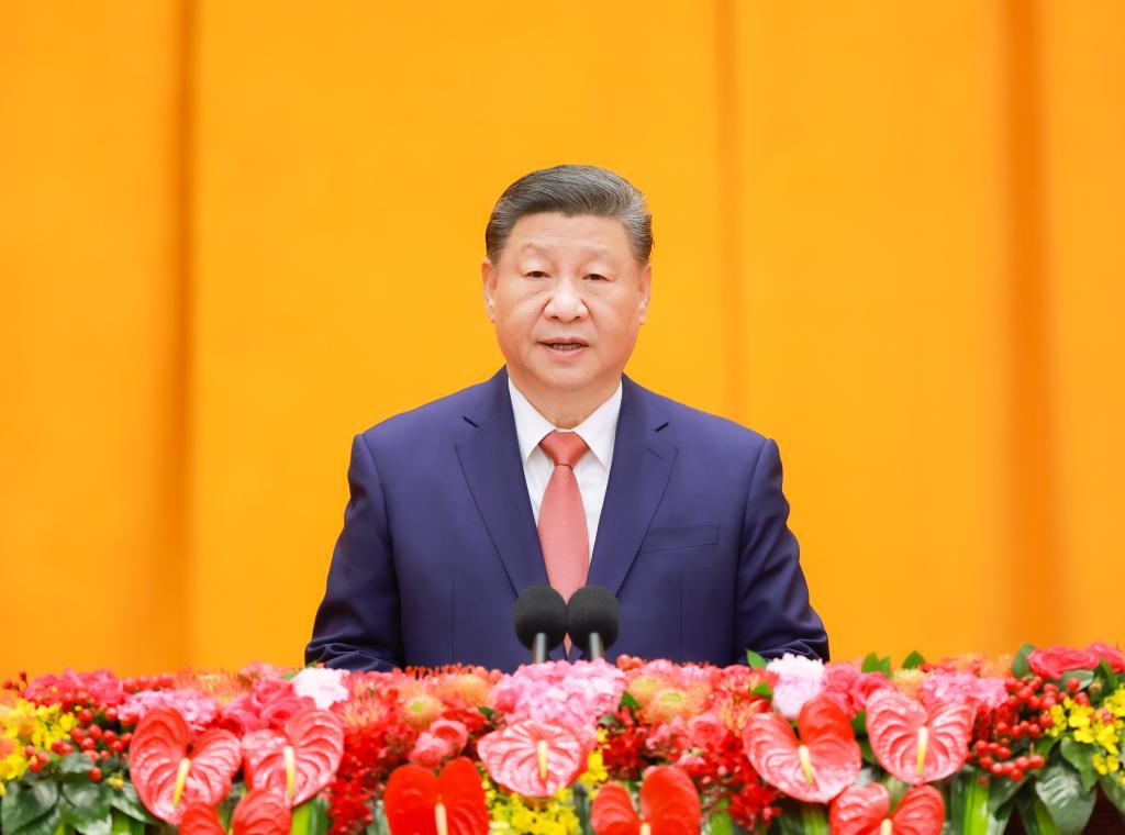 Chinese President Xi Jinping, also general secretary of the Communist Party of China (CPC) Central Committee and chairman of the Central Military Commission, delivers a speech at a high-level reception to ring in the Chinese New Year at the Great Hall of the People in Beijing, capital of China, Jan. 27, 2025. The CPC Central Committee and the State Council held the reception on Monday in Beijing. (Xinhua/Wang Ye)