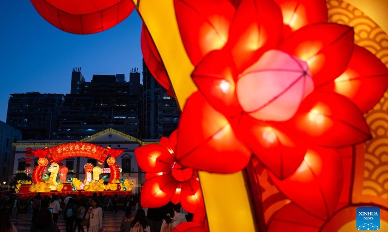 Light installations in celebration of the upcoming Spring Festival, or the Chinese Lunar New Year, are seen at the Senado Square in south China's Macao on Jan. 25, 2025. (Xinhua/Cheong Kam Ka)