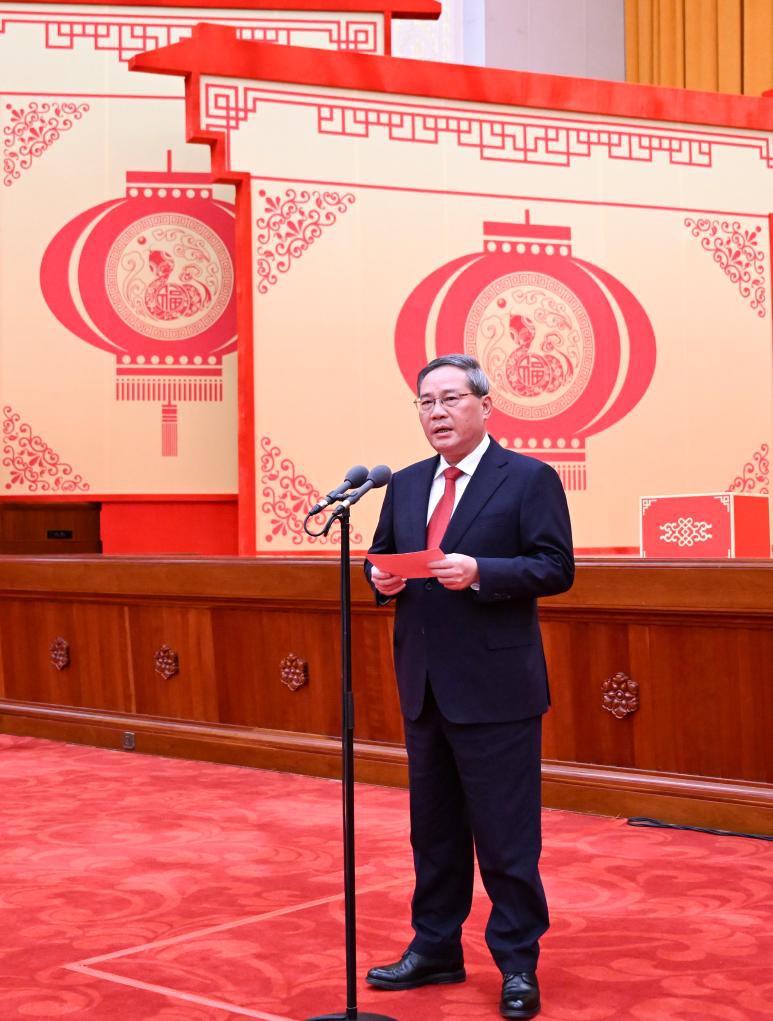 Chinese Premier Li Qiang presides over a high-level reception to ring in the Chinese New Year at the Great Hall of the People in Beijing, capital of China, Jan. 27, 2025. The Communist Party of China (CPC) Central Committee and the State Council held the reception on Monday in Beijing. (Xinhua/Xie Huanchi)