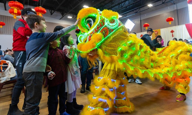 Children interact with lion dancers in celebration of the upcoming Spring Festival, or the Chinese Lunar New Year, at the Chinese Cultural Center of Greater Toronto in Toronto, Canada, Jan. 26, 2025. (Photo by Zou Zheng/Xinhua)