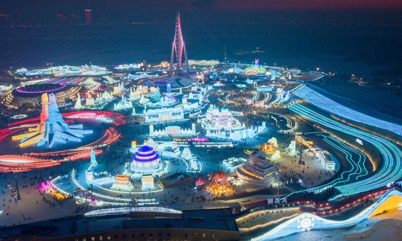 An aerial drone photo taken on Jan. 23, 2025 shows a night view of Harbin Ice-Snow World in Harbin, northeast China's Heilongjiang Province.

As of 10 p.m. Sunday, the bustling Harbin Ice-Snow World had received more than 2 million visitors since it opened on Dec. 21, 2024.

As the city's iconic landmark, the Harbin Ice-Snow World, with this year's edition, the largest in its history, boasts 1 million square meters, up from last year's 800,000 square meters. More than 300,000 cubic meters of ice and snow were used in its construction. (Xinhua/Wang Jianwei)