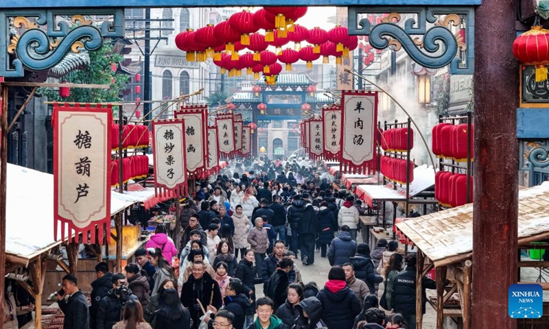 A drone photo shows tourists visiting a tourism street in Leling County, east China's Shandong Province, Jan. 29, 2025. Various events were held across China on Wednesday to celebrate the Spring Festival. Photo: Xinhua