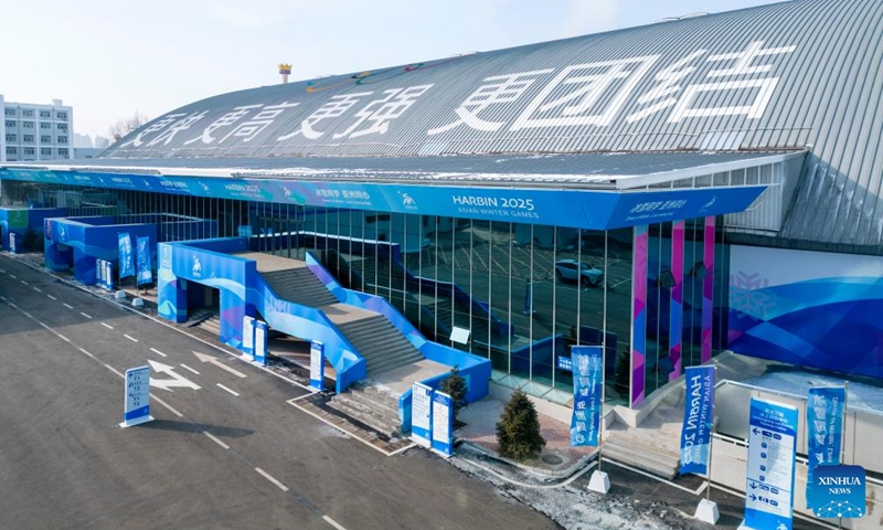 This aerial photo taken on Jan. 27, 2025 shows Heilongjiang Ice Events Training Center Speed Skating Oval in Harbin, northeast China's Heilongjiang Province. The 9th Asian Winter Games will take place in Harbin, capital of northeast China's Heilongjiang Province from Feb. 7 to 14, 2025. The Games will feature six sports, 11 disciplines and 64 events. The ice events will be held in Harbin, using the existing venues from the 1996 Asian Winter Games, while the snow events will be in Yabuli, 193 km from Harbin. The regional games will be staged in China for the third time, following Harbin in 1996 and Changchun, capital city of Jilin Province, in 2007. Photo: Xinhua