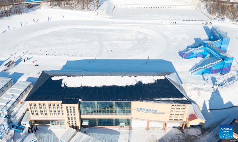 This aerial photo taken on Jan. 16, 2025 shows Biathlon Gymnasium at the Yabuli Ski Resort in Yabuli, northeast China's Heilongjiang Province. The 9th Asian Winter Games will take place in Harbin, capital of northeast China's Heilongjiang Province from Feb. 7 to 14, 2025. The Games will feature six sports, 11 disciplines and 64 events. The ice events will be held in Harbin, using the existing venues from the 1996 Asian Winter Games, while the snow events will be in Yabuli, 193 km from Harbin. The regional games will be staged in China for the third time, following Harbin in 1996 and Changchun, capital city of Jilin Province, in 2007. Photo: Xinhua