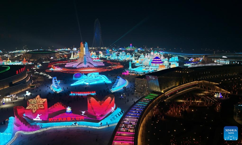 This aerial photo taken on Jan. 26, 2025 shows the night view of the Harbin Ice-Snow World in Harbin, northeast China's Heilongjiang Province. The 9th Asian Winter Games will take place in Harbin, capital of northeast China's Heilongjiang Province from Feb. 7 to 14, 2025. The Games will feature six sports, 11 disciplines and 64 events. The ice events will be held in Harbin, using the existing venues from the 1996 Asian Winter Games, while the snow events will be in Yabuli, 193 km from Harbin. The regional games will be staged in China for the third time, following Harbin in 1996 and Changchun, capital city of Jilin Province, in 2007. Photo: Xinhua