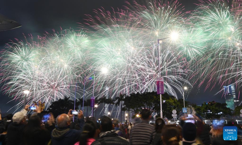 Fireworks illuminate the sky over Victoria Harbour in celebration of the Spring Festival in Hong Kong, south China, Jan. 30, 2025. Photo: Xinhua