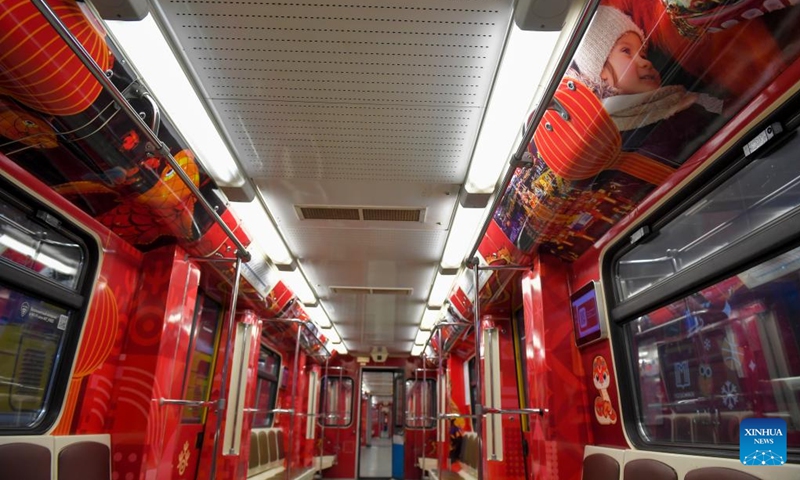 This photo taken on Jan. 29, 2025 shows a view inside a carriage of a themed metro train in Moscow, Russia, on Jan. 29, 2025. Moscow unveiled the themed metro train on Wednesday to mark the start of the Spring Festival, the traditional Chinese New Year according to the lunar calendar. Photo: Xinhua