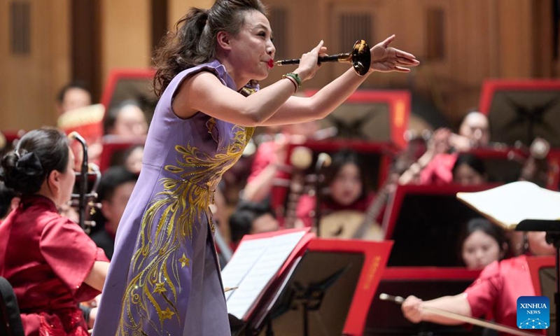 Zhang Qianyuan of China Conservatory of Music performs the Suona Concerto A Hundred Birds Paying Homage to the Phoenix in Brussels, Belgium, Jan. 29, 2025. A concert celebrating the Spring Festival was held at Bozar Art Center in Brussels on Wednesday. Photo: Xinhua