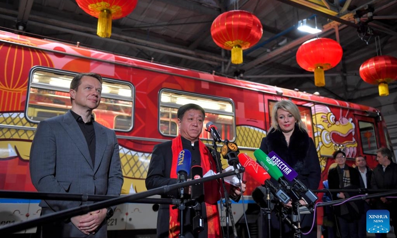 Chinese Ambassador to Russia Zhang Hanhui (C), Russian Foreign Ministry spokesperson Maria Zakharova (R) and Moscow Deputy Mayor Maxim Liksutov attend a ceremony dedicated to the launch of a themed metro train in Moscow, Russia, on Jan. 29, 2025. Moscow unveiled the themed metro train on Wednesday to mark the start of the Spring Festival, the traditional Chinese New Year according to the lunar calendar. Photo: Xinhua